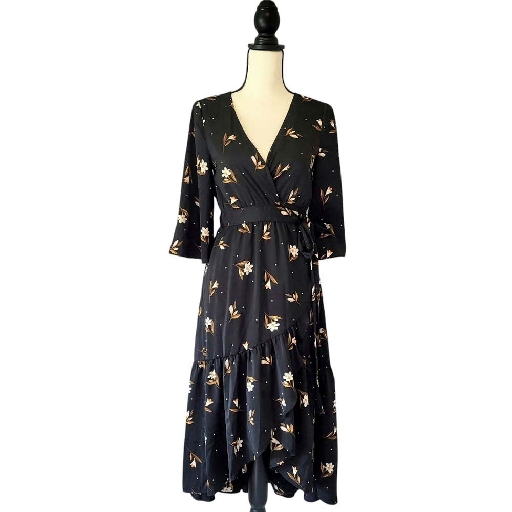 Saltwater Luxe black floral print wrap midi length ruffle hem 3/4 sleeve dress